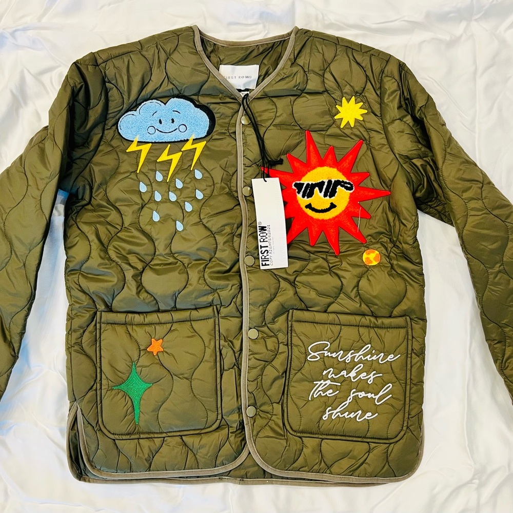 First Row: Men's Olive Green Quilted Jacket with Fun Patches